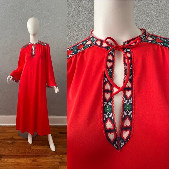 Vintage 60s 70s Red Heart Vanity Fair Nylon Long Nightgown 34 - Picture 1 of 16